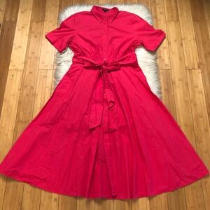J Crew 100% Cotton Belted Short Sleeves Pink Magenta Midi Shirt Dress size 14
